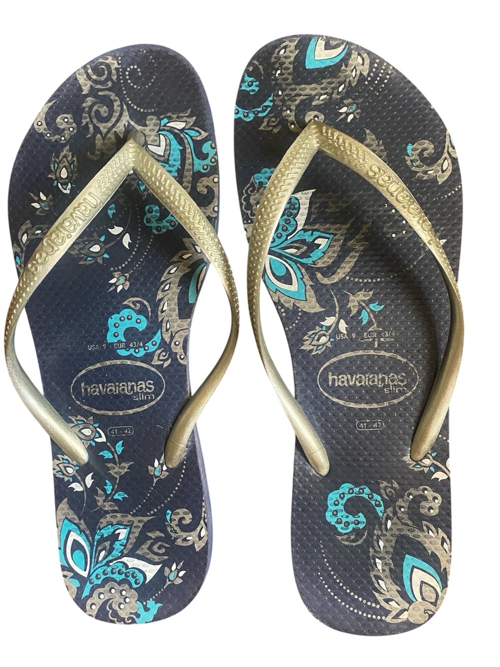 Havaianas Slim Flip Flops in Navy with Teal Paisley Design - Picture 8 of 8